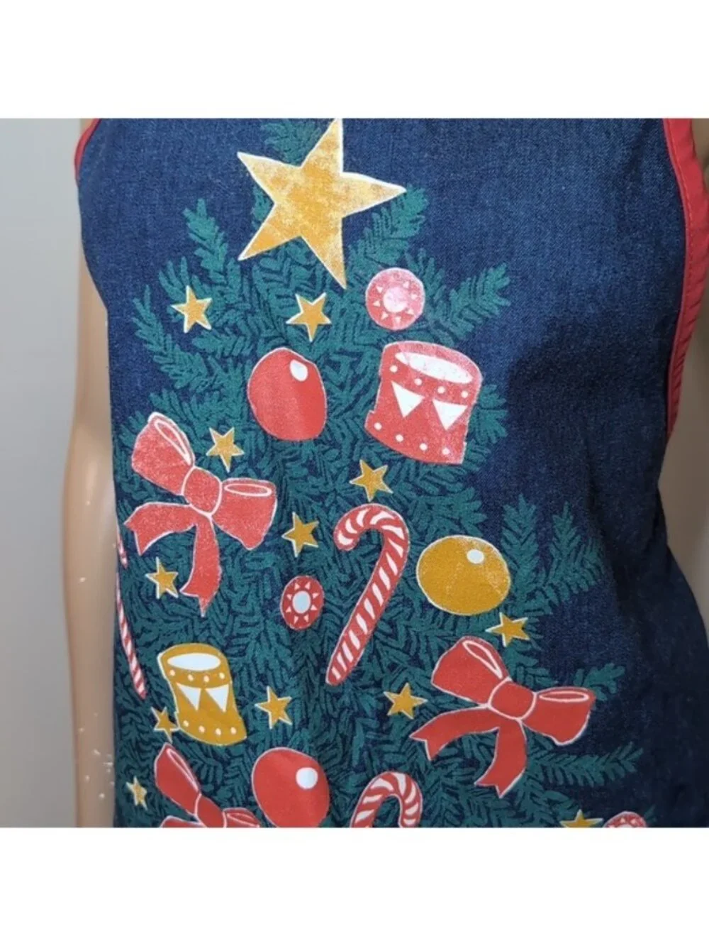 Hatley Festive Denim Apron Christmas Tree Pocket Kitchen Cooking Baking Blue